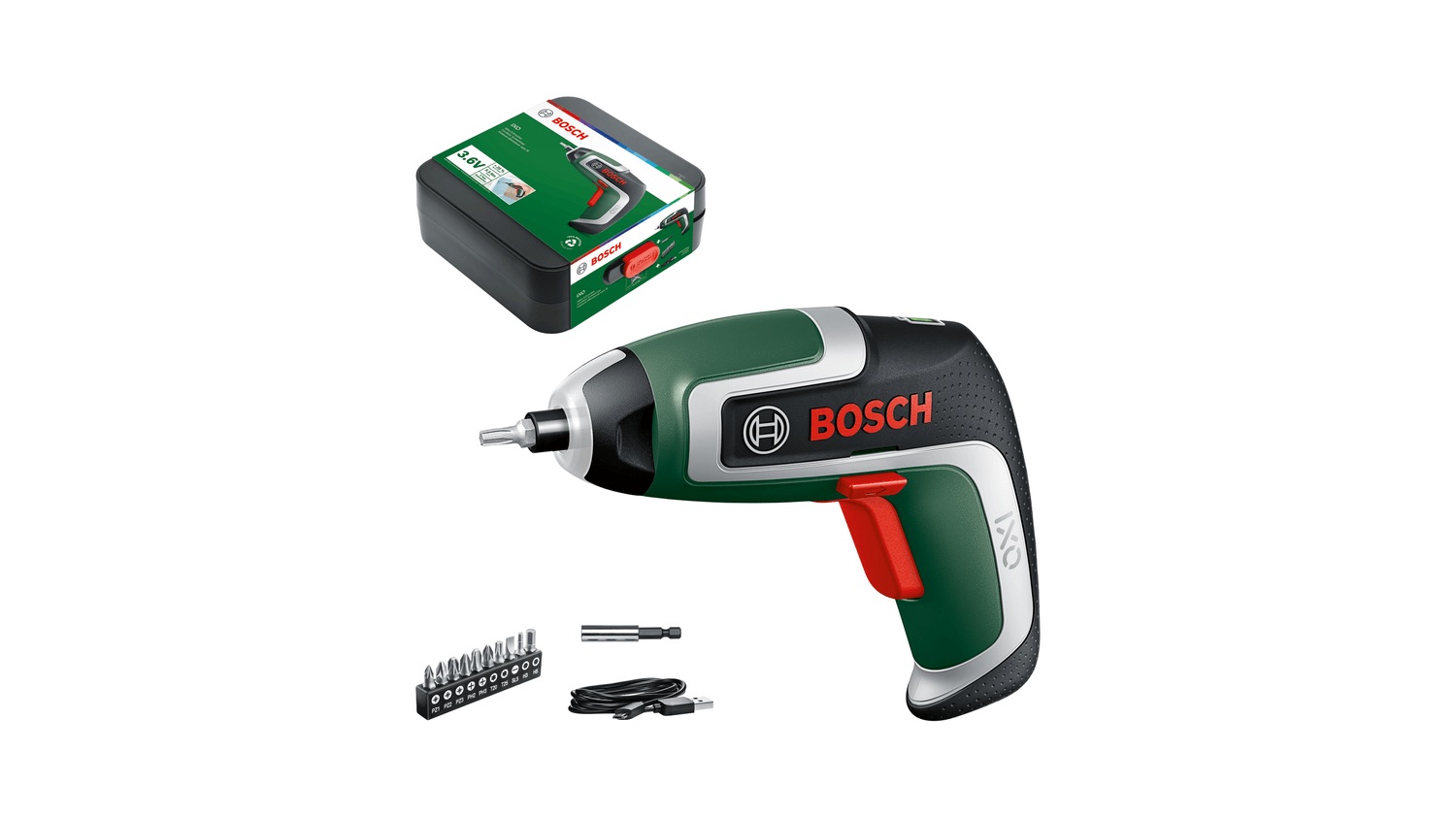 Akku skruetrækker Bosch IXO 7; 3,6 V; 1x2,0 Ah batteri.; med 11 tilbehør