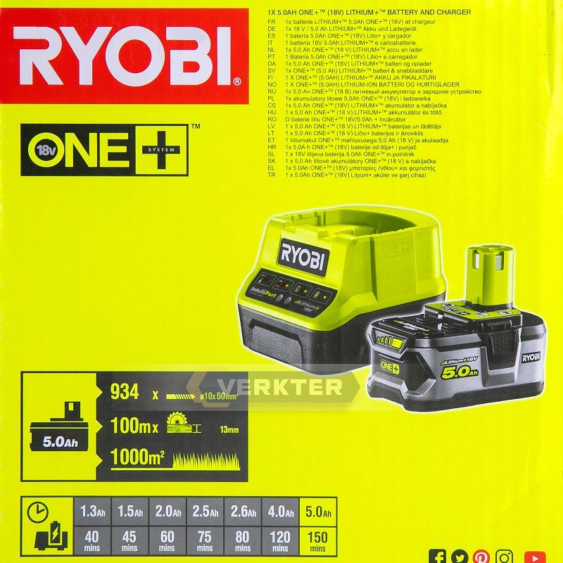 Batteri Ryobi RC18120-150; 18 V; 5,0 Ah batteri. + lader RC18120 ONE+