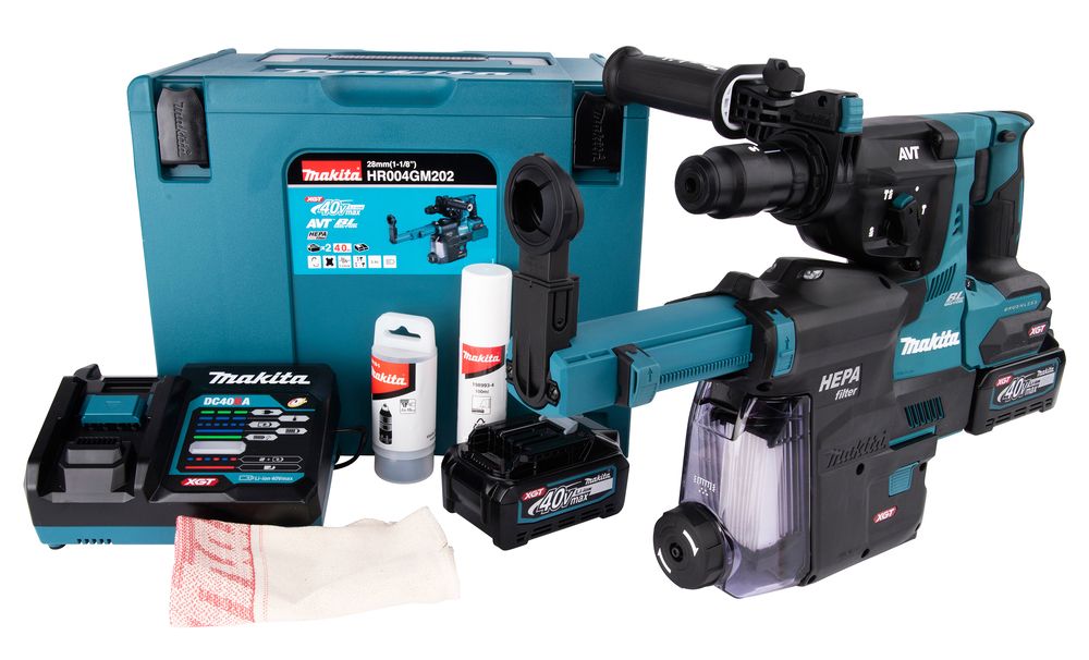 Borehammer Makita HR004GM202; 2,9 J; SDS-plus; 40 V; 2x4,0 Ah batteri. + støvsugningssystem