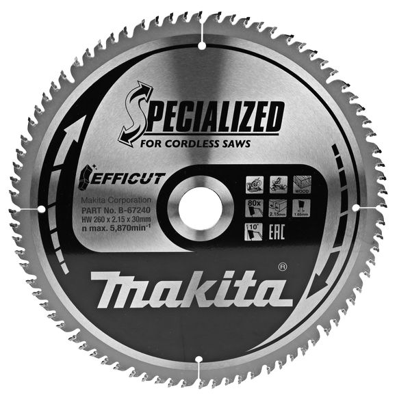 Rundsavsklinge til træ Makita EFFICUT; 260x2,15x30,0 mm; Z80; 10°