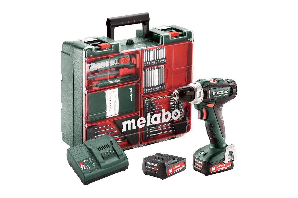 Skruemaskine Metabo PowerMaxx BS 12 Set; 12 V; 2x2,0 Ah batt. + unversaltilbehørsett