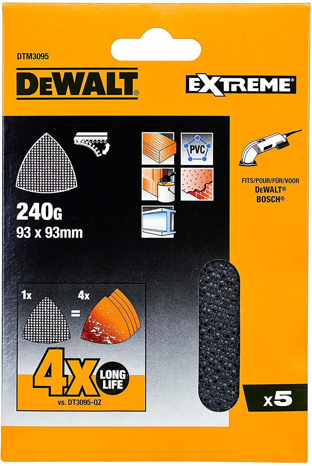 Sandpapir til deltasliber DeWalt DTM3095-QZ; 93x93 mm; P240; 5 stk.
