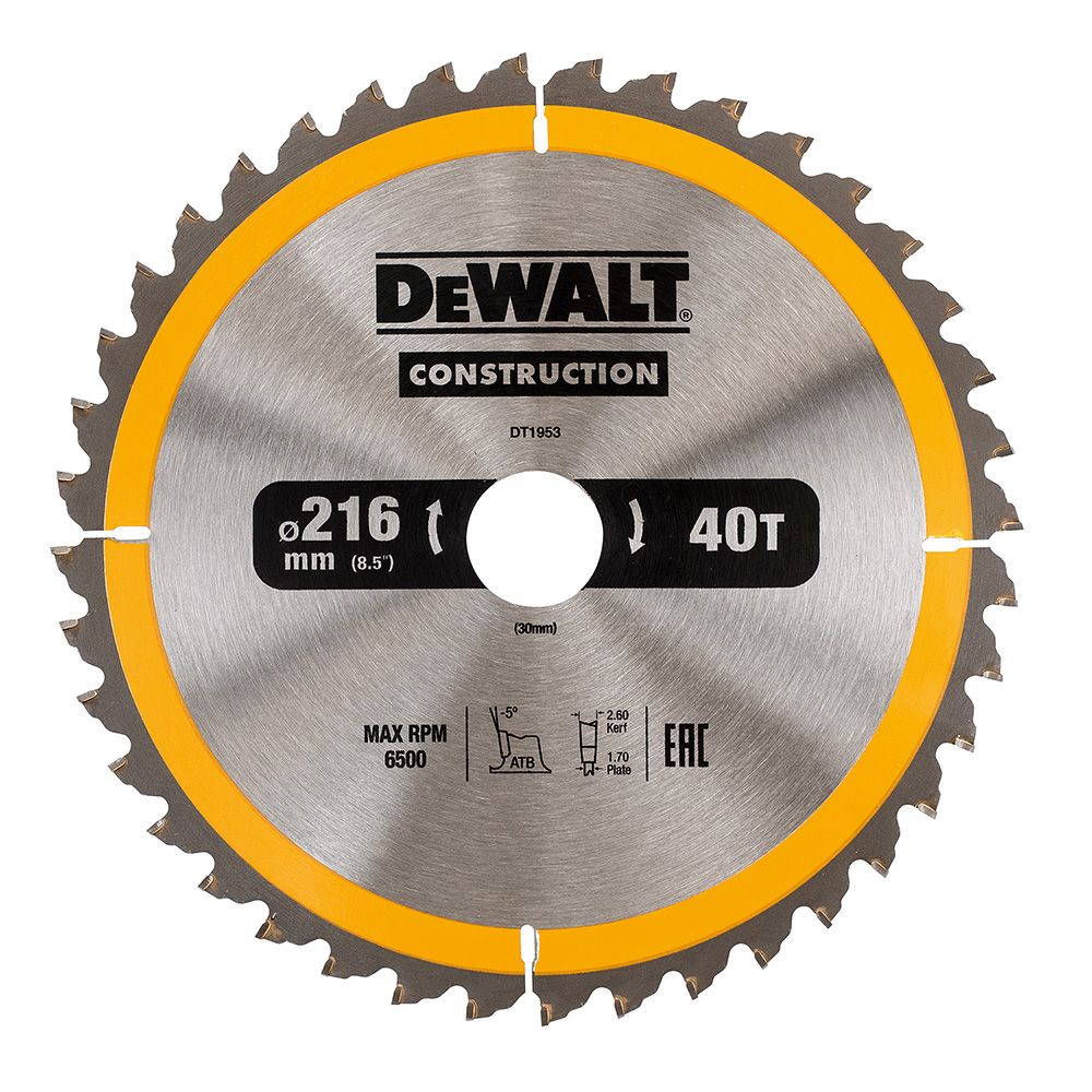 Rundsavsklinge til træ DeWalt; 216x2,6x30,0 mm; Z40; -5°