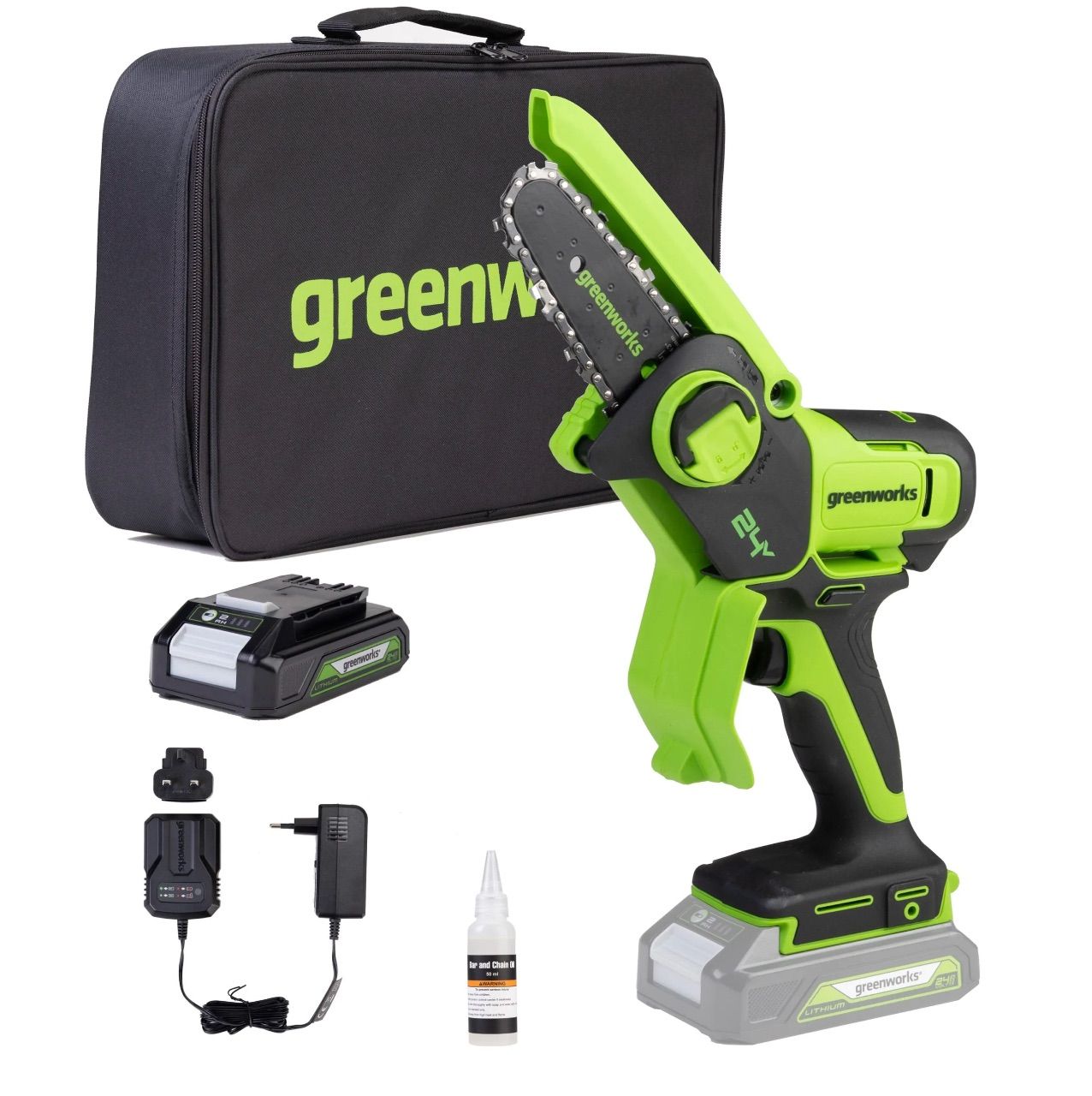 Motorsav Greenworks G24MCS10K2; 24 V; 1x2,0 Ah batt.