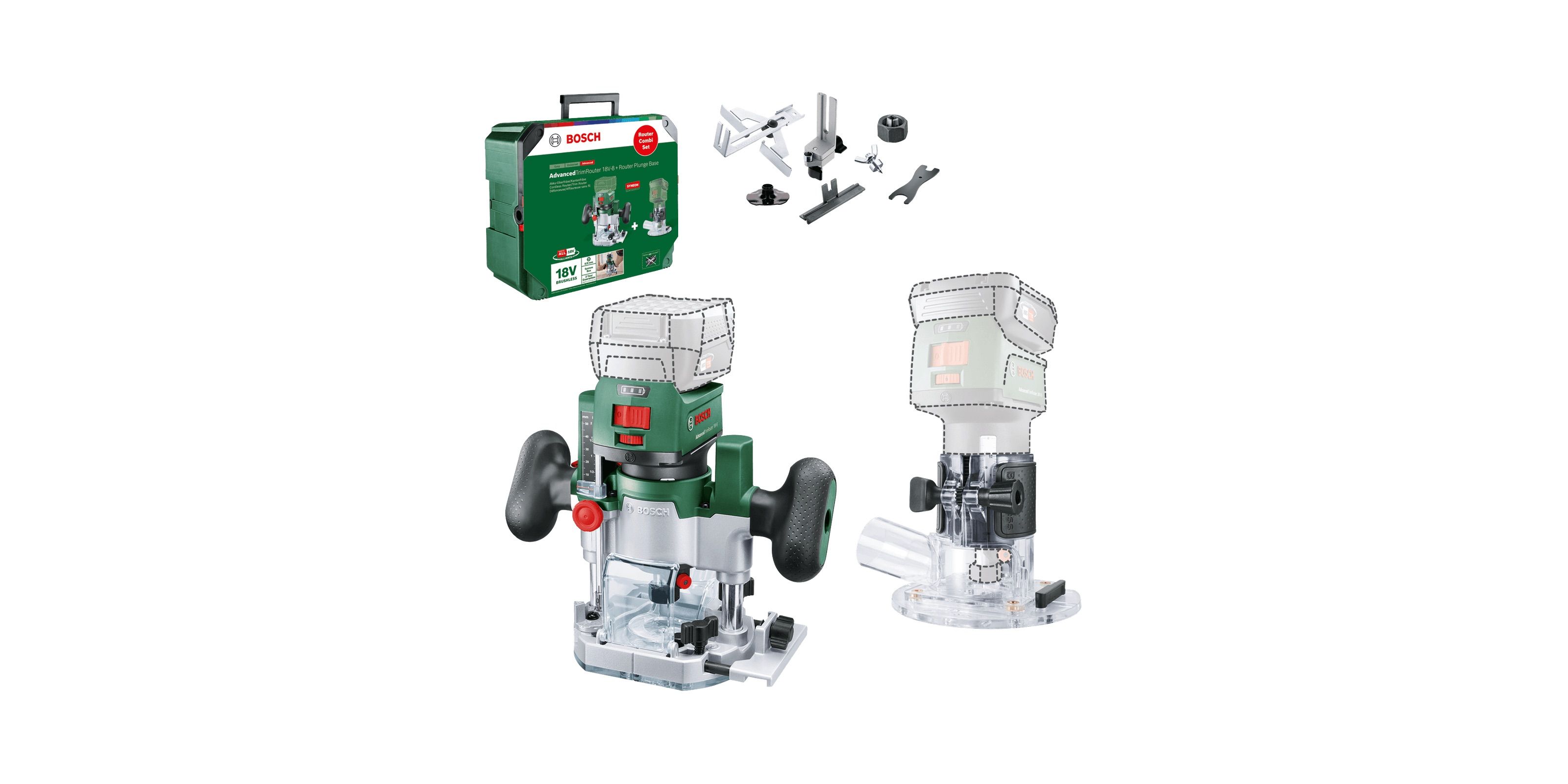 Batteridrevet kantfræser Bosch AdvancedTrimRouter 18V-8; 18 V (uden batteri og oplader) + Tilbehør