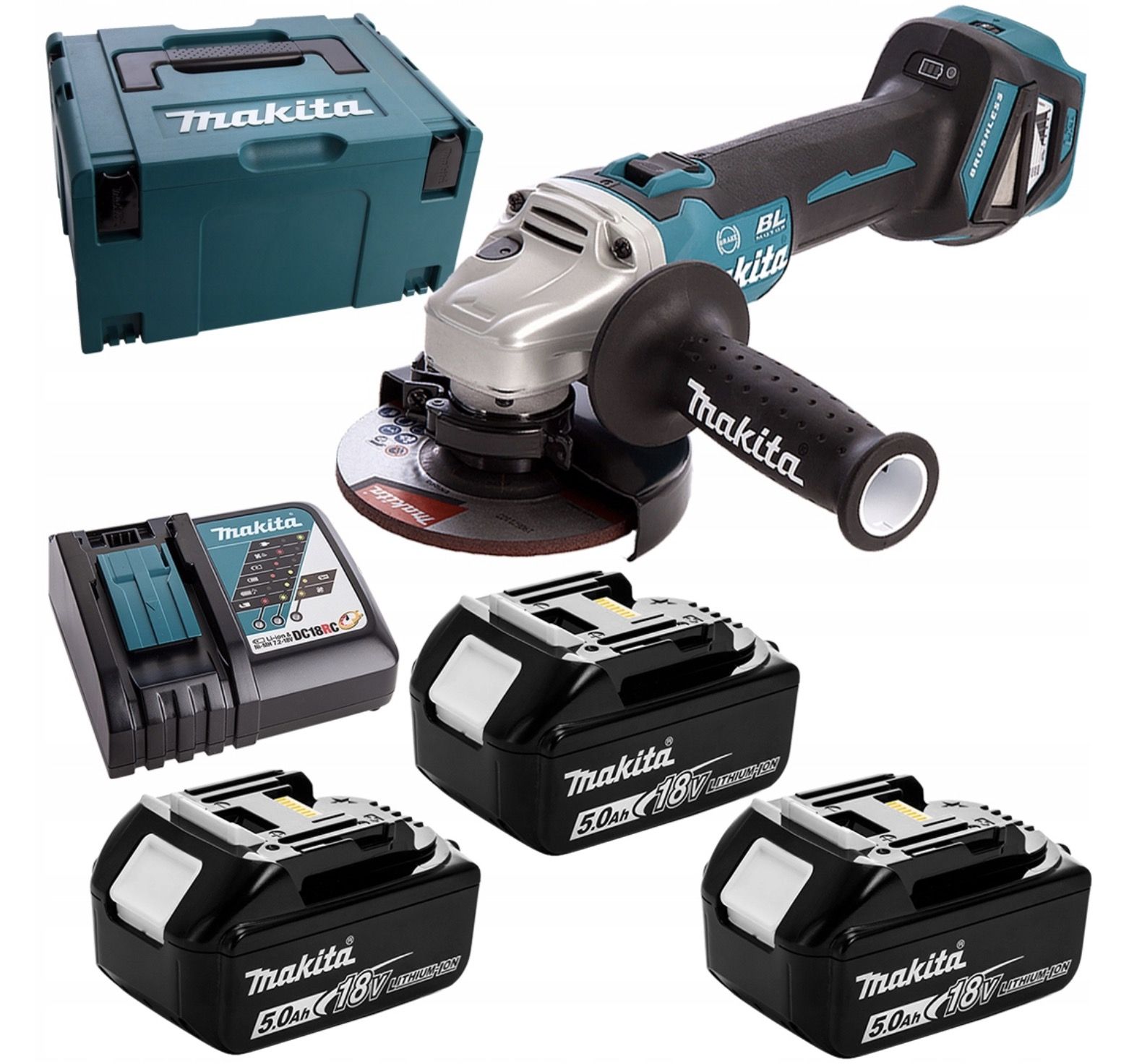 Vinkelsliber Makita DGA513RT3J; 18 V; 3x5,0 Ah batt.