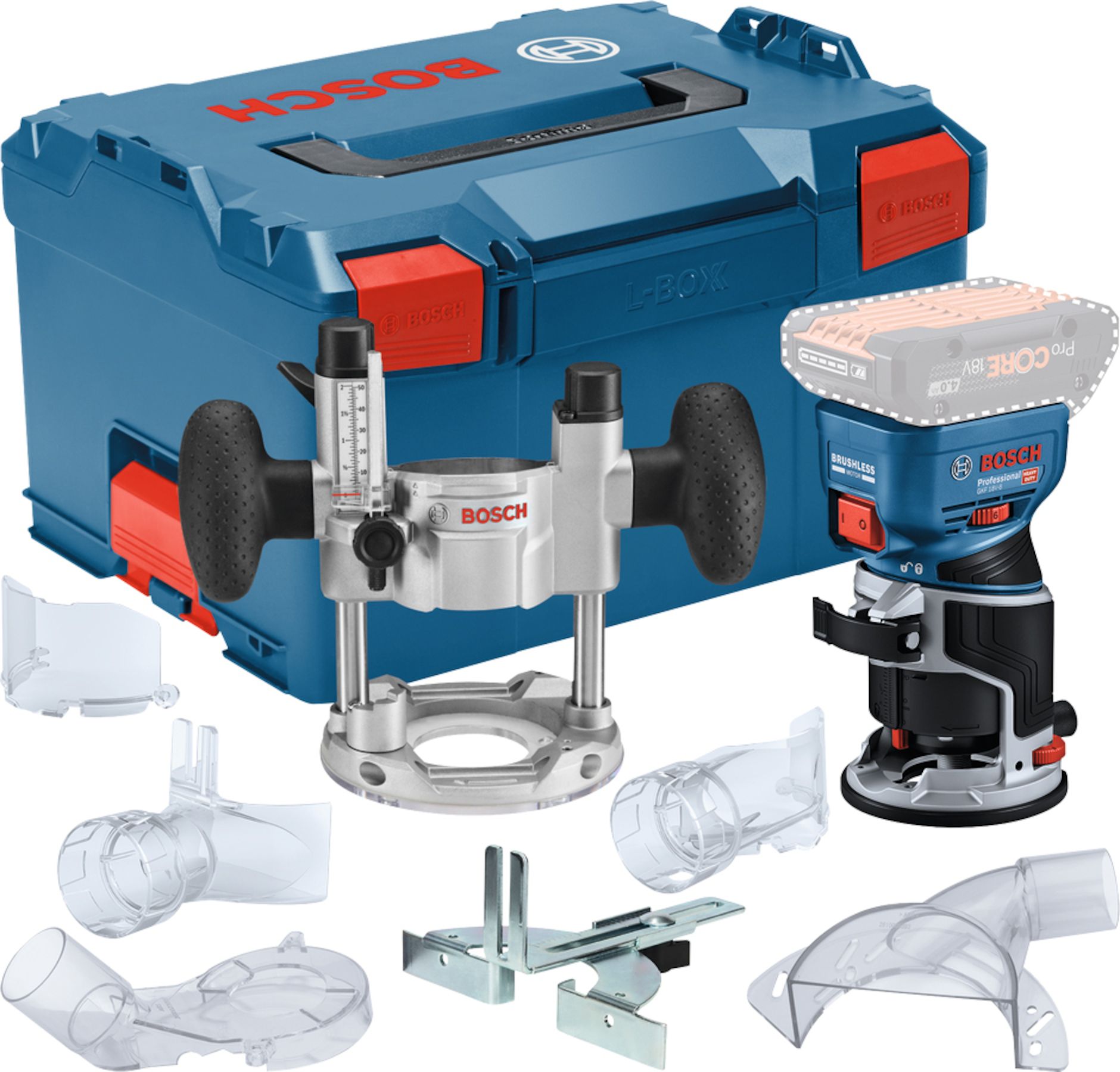 Batteridrevet kantfræser Bosch GKF 18V-8 Professional; 18 V (uden batteri og oplader) + L-BOXX 238