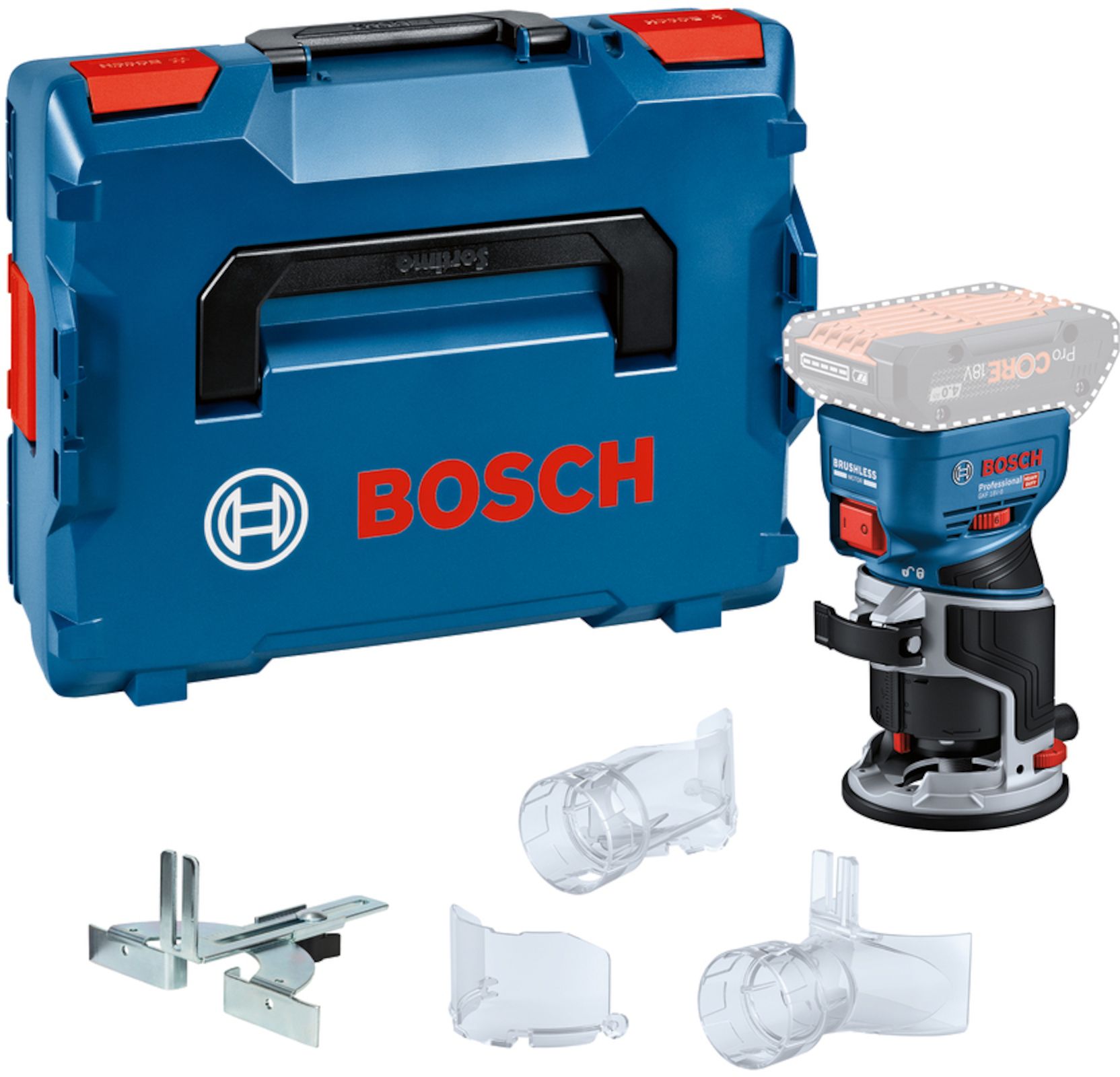Batteridrevet kantfræser Bosch GKF 18V-8 Professional; 18 V (uden batteri og oplader) + L-BOXX 136