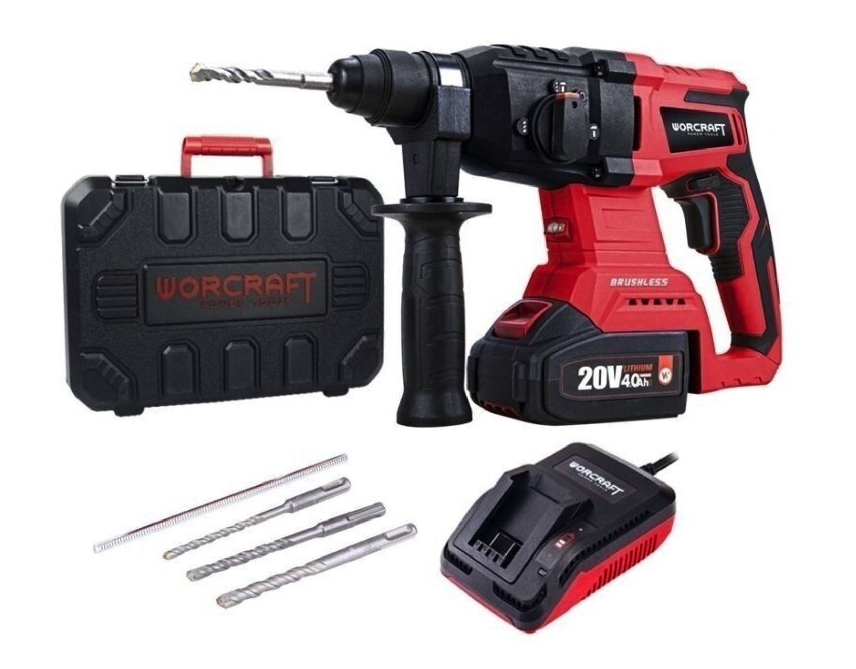 Batteridrevet borehammer Worcraft CRH-S20LiBAM; 20 V; 3,0 J; 1x4,0 Ah batt. + tilbehør