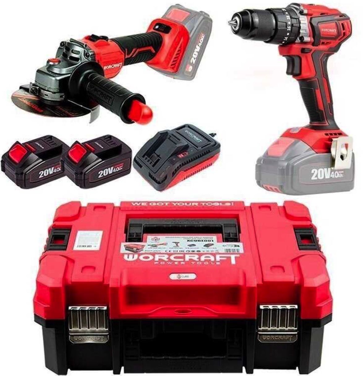 Værktøjssæt Worcraft XCUBE001 (CHD-S20LiBA + CAG-S20LiBS-125); 20 V; 2x4,0 Ah batt.