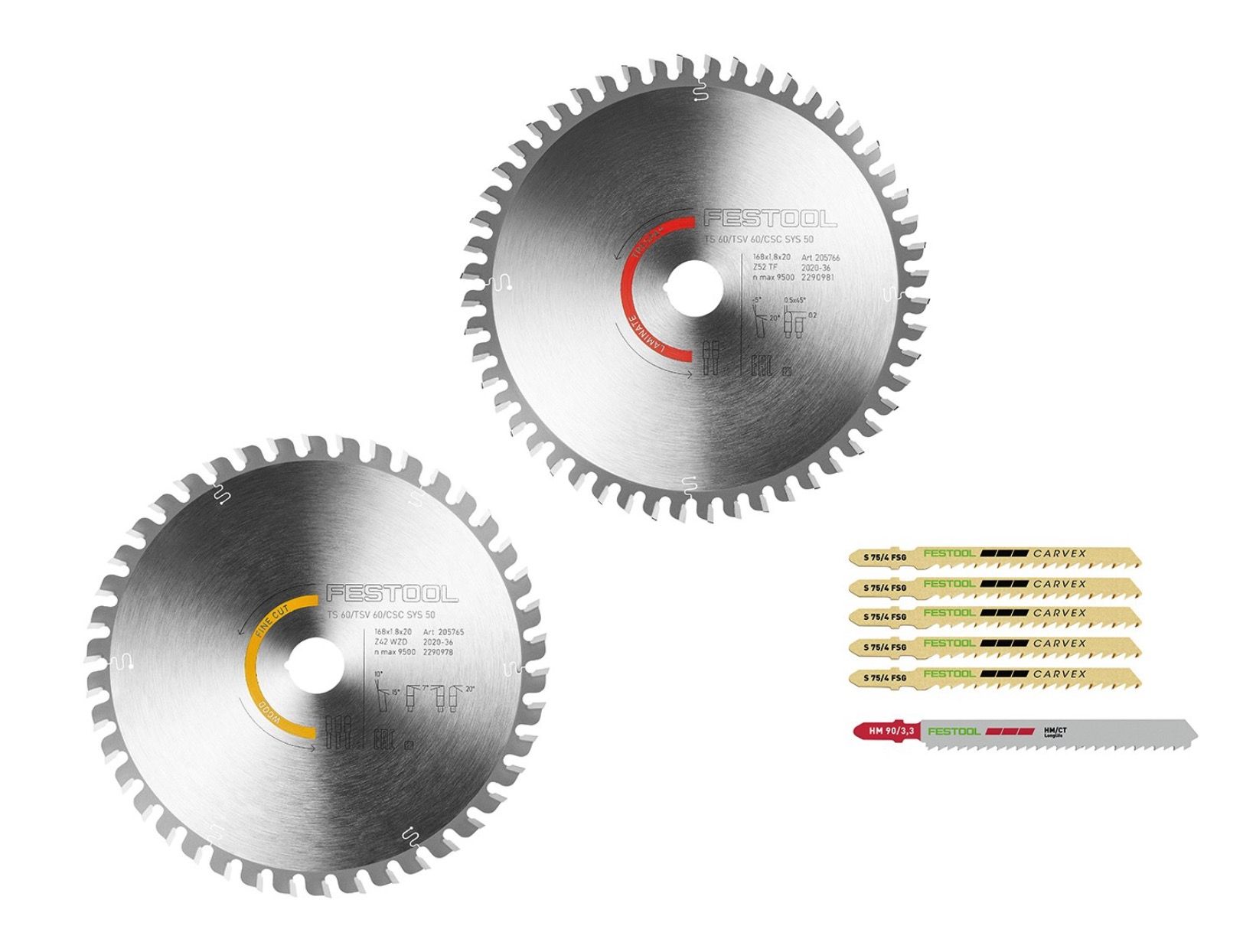 Skæreplader Festool KSB-SORT/2 W/L; 168x1,8x20 mm; Z42/Z52; 10/-5°; 2 stk. + klinger til stiksav