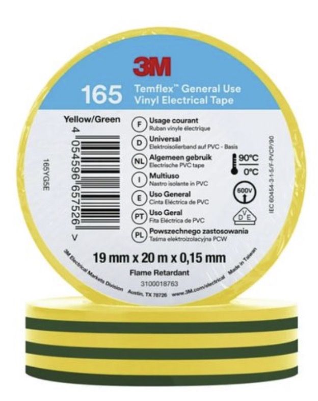 Isoleringstape 3M Temflex 165; 19 mm; 20 m; grøn; gul