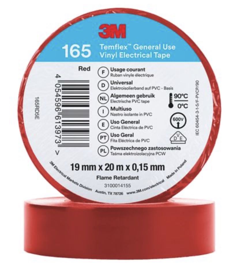 Isoleringstape 3M Temflex 165; 19 mm; 20 m; rød