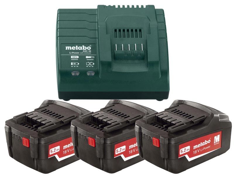 Batteri Metabo 18 V; 5,2 Ah; Li-ion; 3 stk. + batterioplader Metabo ASC 30-36